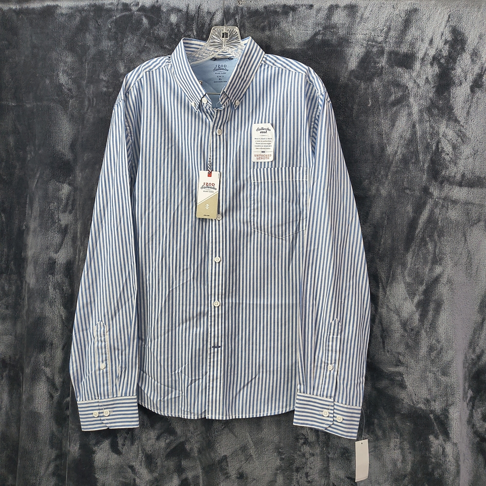 Izod Saltwater BLUES  UNTUCKED Slim Fit Length Blue Striped Men's Shirt XL
